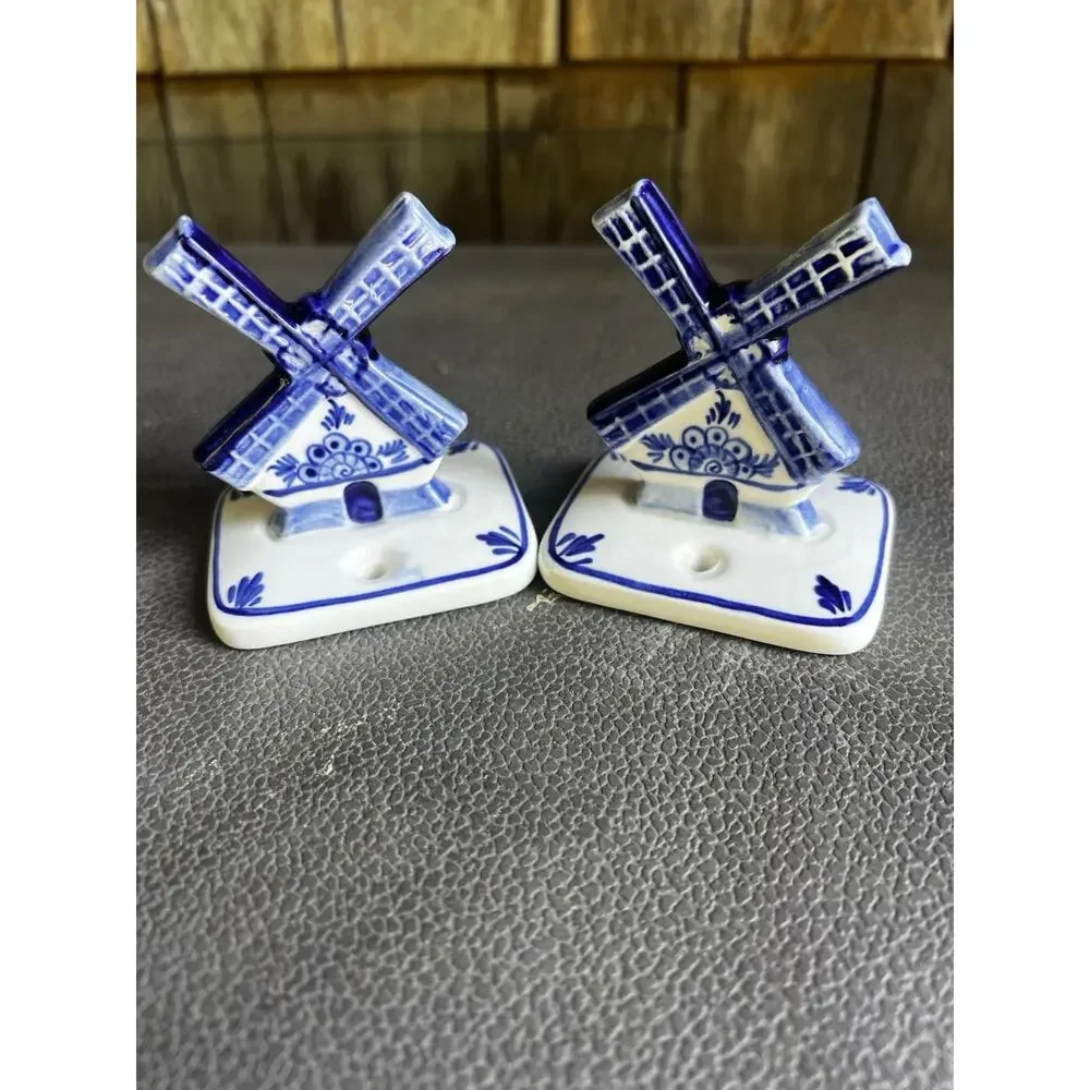 VTG Delft Blue Windmill Ceramic Mounts Pair Towel Hooks Brackets Cottage Core